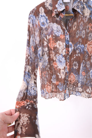 חולצת וינטיג שיפון פרחונית בחום- M-L חולצת וינטיג שיפון פרחונית בחום- M-L