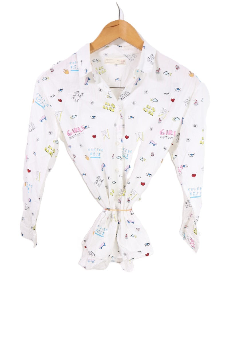 חולצה לבנה ZARA בפרינט קומיקס - XS-S