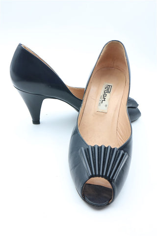 נעלי עקב וינטיג עור מעוצבות בכחול שחור- מידה 39