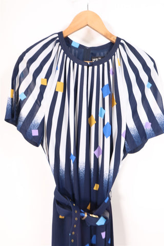 שמלת וינטיג צורות גאומטריות ופסים בכחול-L-XL