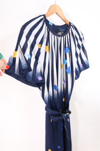 שמלת וינטיג צורות גאומטריות ופסים בכחול-L-XL