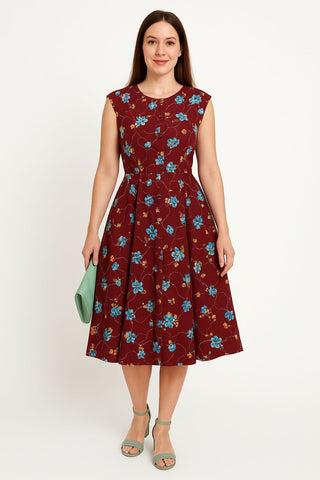 שמלת וינטיג פרחונית בחום וכחול- M-L