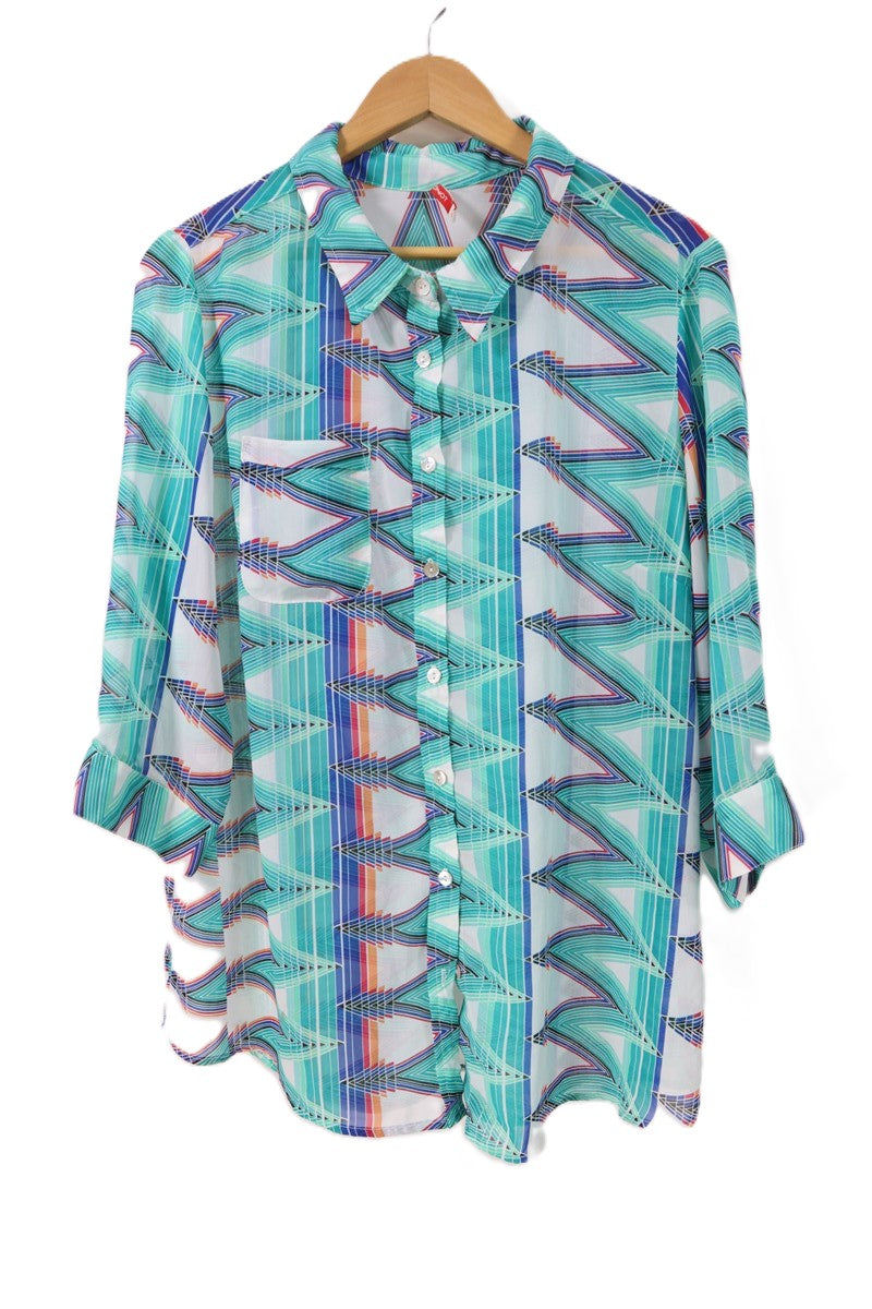 חולצה גאומטרית מכופתרת בטורקיז-L-XL