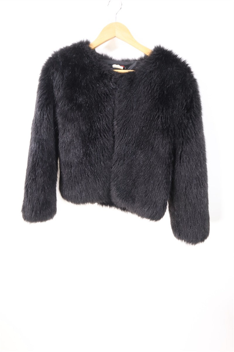 מעיל פרווה סינטטית קצר בשחור- XS-S