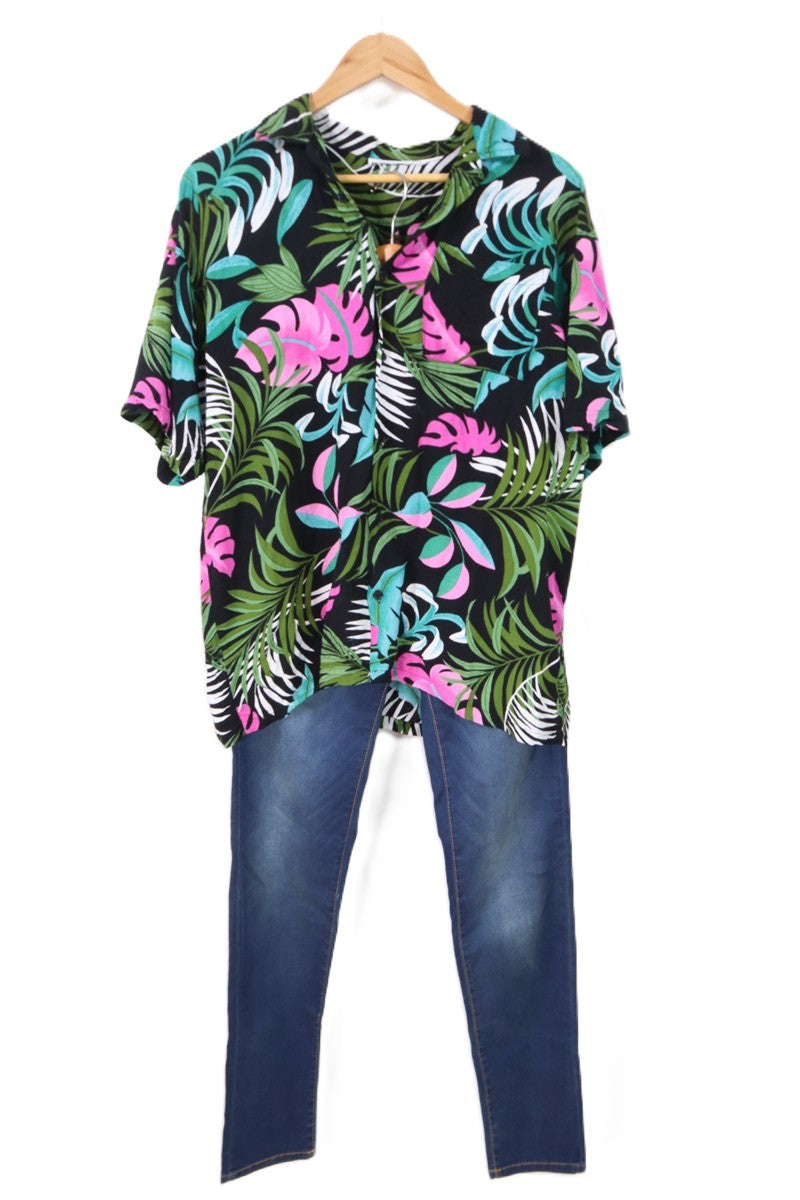 חולצה טרופית פרחונית בשחור- XL