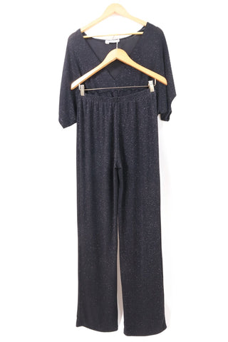 חליפת מכנסיים אלגנטית בשחור מנצנץ- L