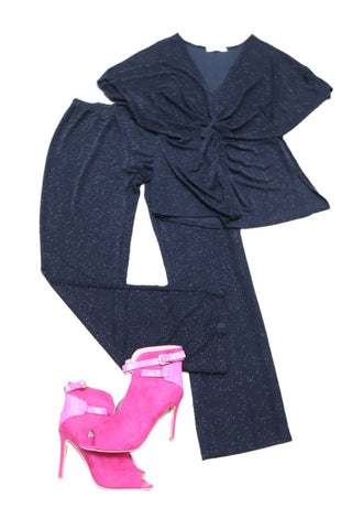 חליפת מכנסיים אלגנטית בשחור מנצנץ- L