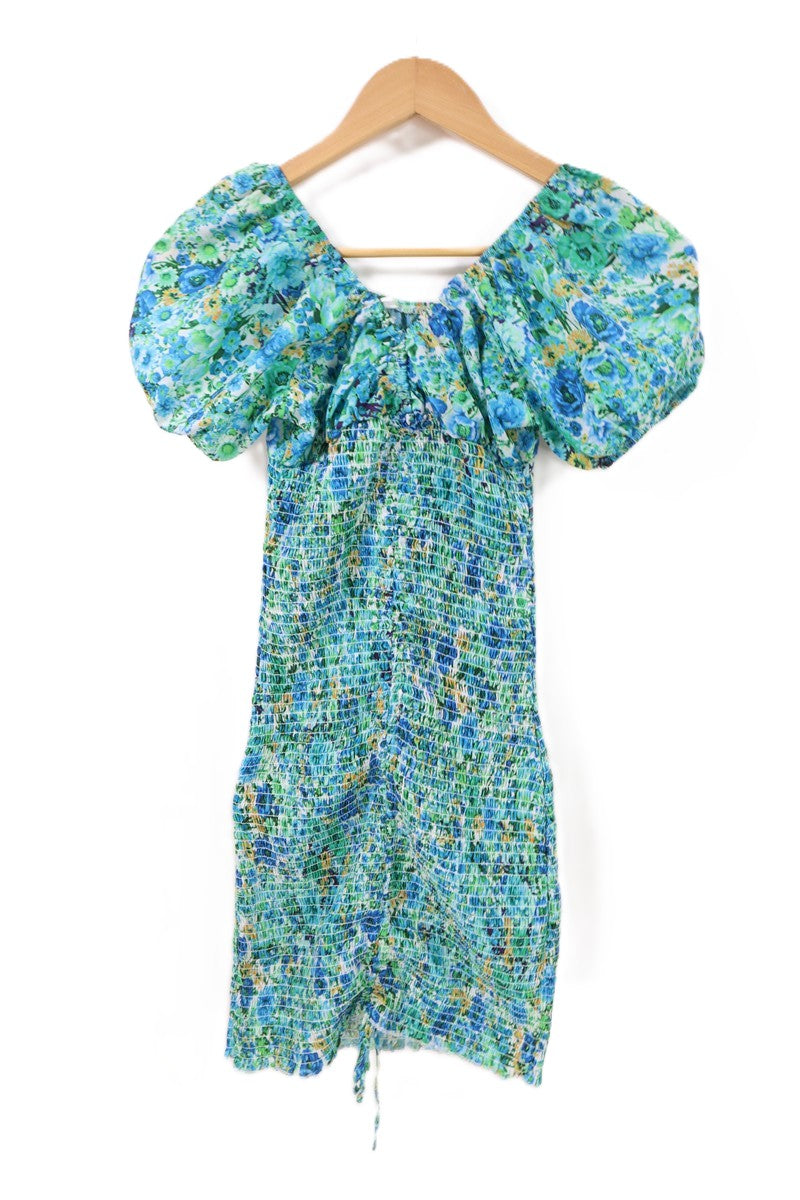 שמלת כיווצים פרחונית בירוק וכחול- XXS-XS