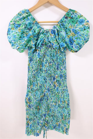 שמלת כיווצים פרחונית בירוק וכחול- XXS-XS