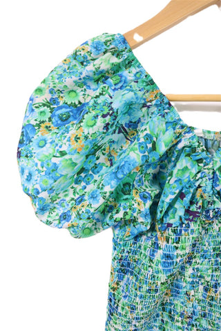 שמלת כיווצים פרחונית בירוק וכחול- XXS-XS