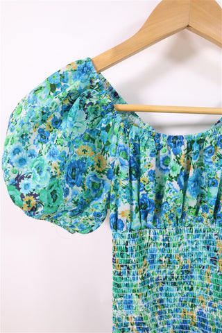 שמלת כיווצים פרחונית בירוק וכחול- XXS-XS