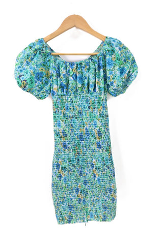 שמלת כיווצים פרחונית בירוק וכחול- XXS-XS