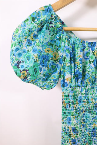 שמלת כיווצים פרחונית בירוק וכחול- XXS-XS