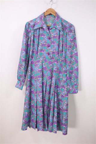 שמלת וינטיג פרחונית בסגול טורקיז - M