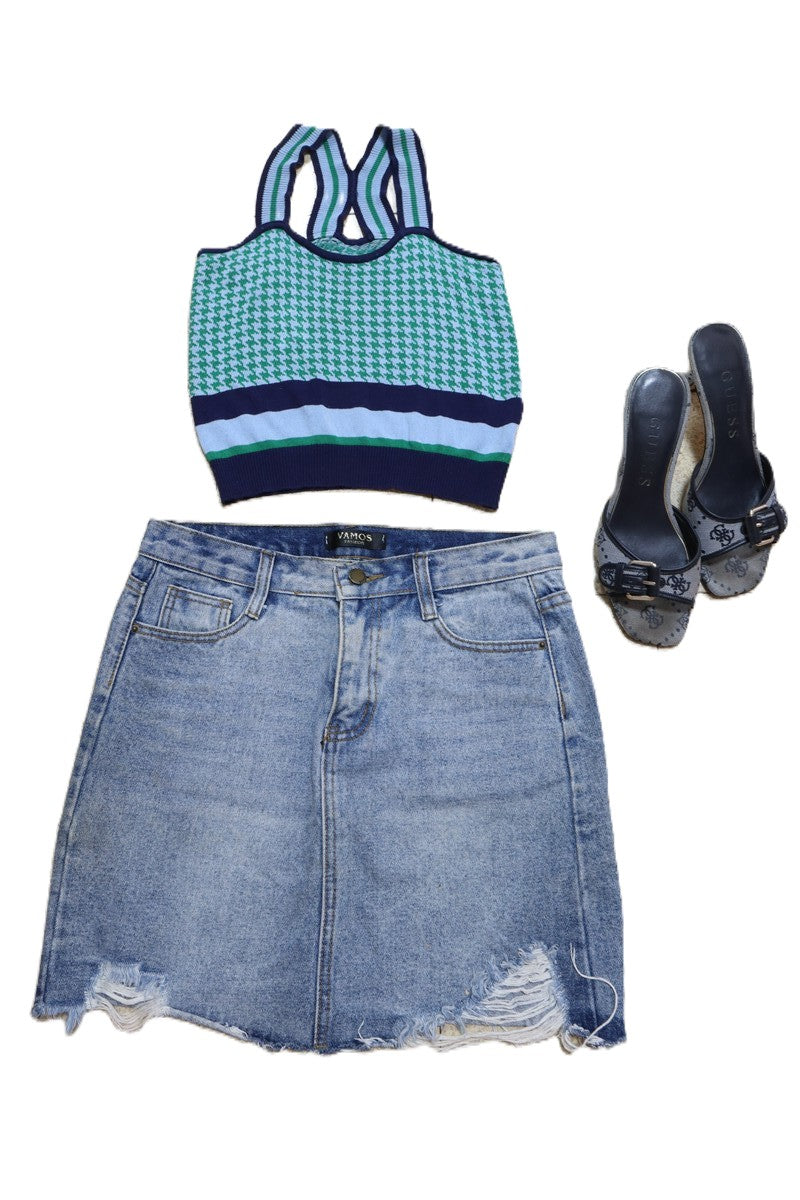 חולצת גופיה סריג פפיטה בכחול וירוק- S-M