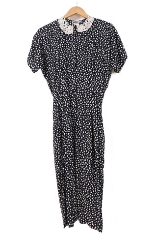 שמלת וינטיג צווארון רקום בשחור ולבן - S