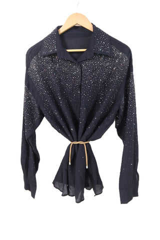 חולצת ניטים ופייטים מכופתרת בשחור- L-XL