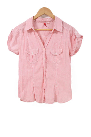 חולצת פסים מכופתרת בורוד ולבן-M