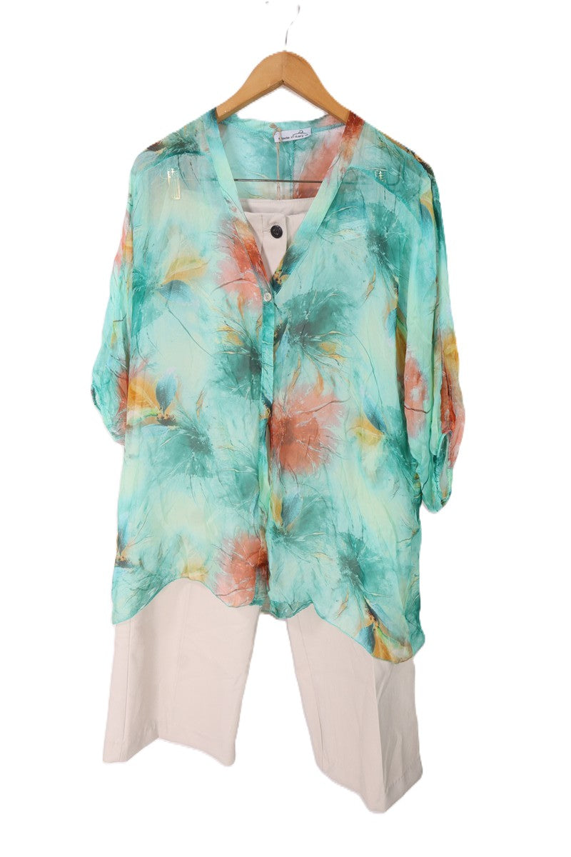 חולצת שיפון חדשה כתמי צבע בטורקיז- L-XXL