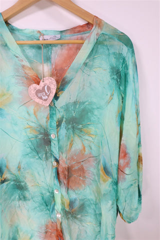 חולצת שיפון חדשה כתמי צבע בטורקיז- L-XXL