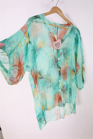 חולצת שיפון חדשה כתמי צבע בטורקיז- L-XXL