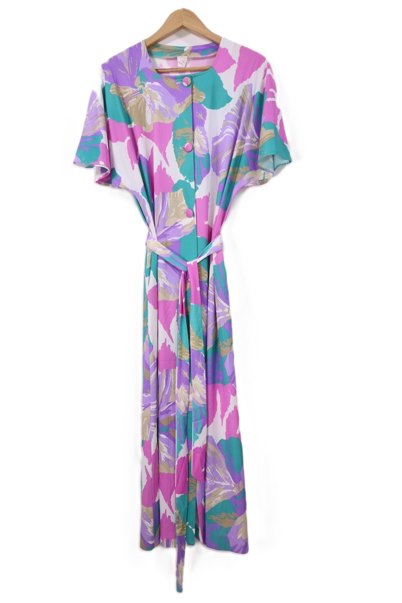 שמלת חלוק וינטיג פרחונית בסגול טורקיז - L-XL