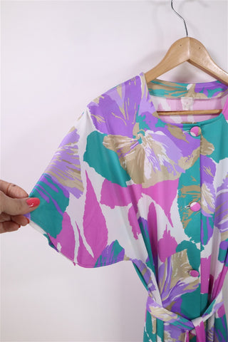 שמלת חלוק וינטיג פרחונית בסגול טורקיז - L-XL