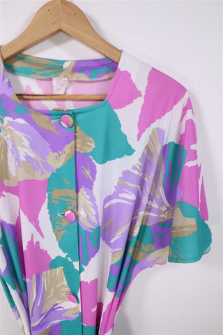 שמלת חלוק וינטיג פרחונית בסגול טורקיז - L-XL