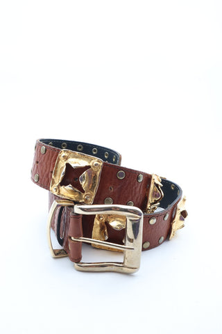 חגורת וינטיג עור אבזמים בחום וזהב- S-M