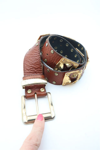 חגורת וינטיג עור אבזמים בחום וזהב- S-M
