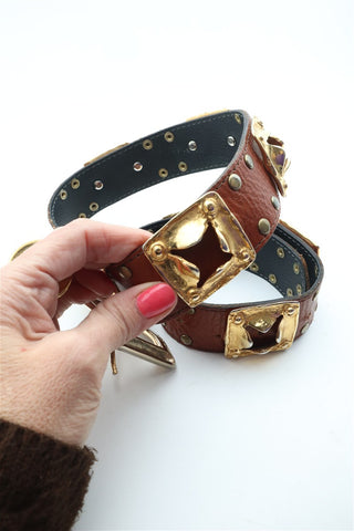 חגורת וינטיג עור אבזמים בחום וזהב- S-M