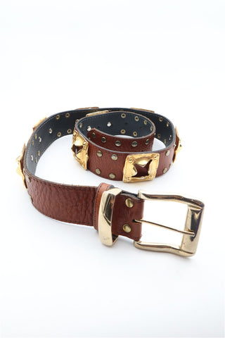 חגורת וינטיג עור אבזמים בחום וזהב- S-M