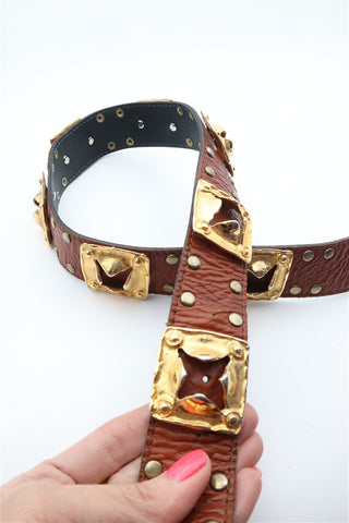 חגורת וינטיג עור אבזמים בחום וזהב- S-M