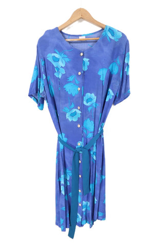 שמלת חלוק וינטיג פרחונית בכחול וסגול  - L