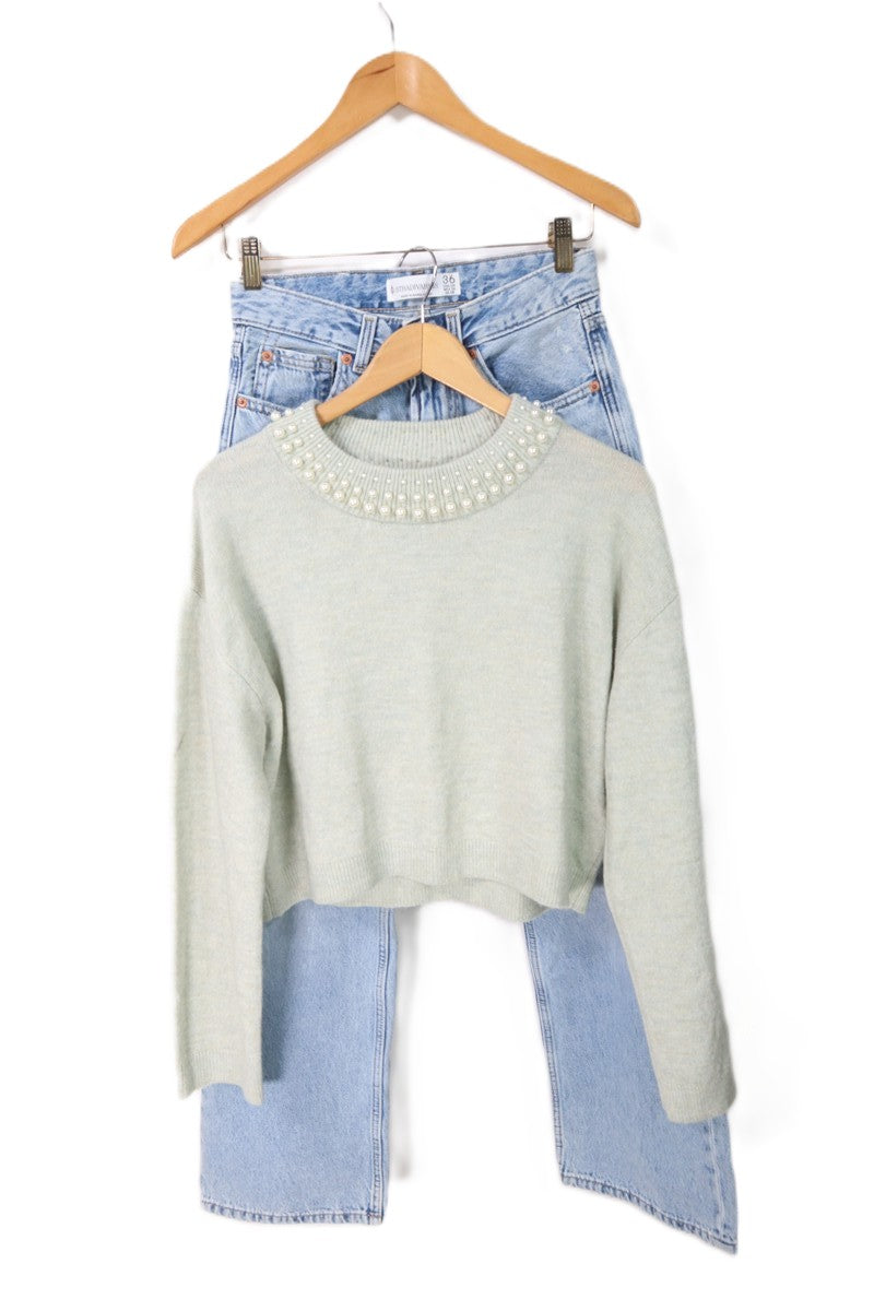 סריג מעוצב ירקרק עם פנינים- S-M