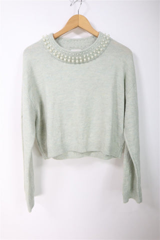 סריג מעוצב ירקרק עם פנינים- S-M