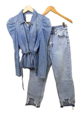 חולצת גקט גינס מעוצבת בכחול- S-M