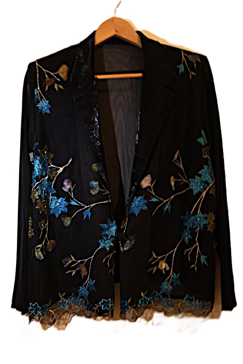 גקט שיפון וינטיג רקמת פרחים בשחור- L-XL