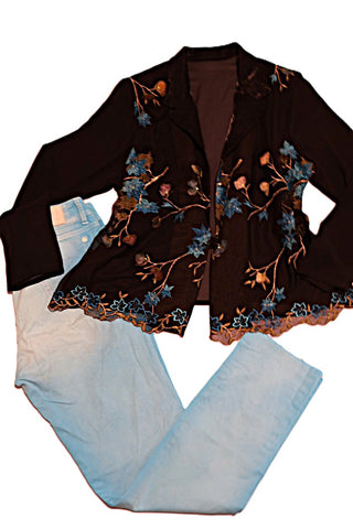 גקט שיפון וינטיג רקמת פרחים בשחור- L-XL