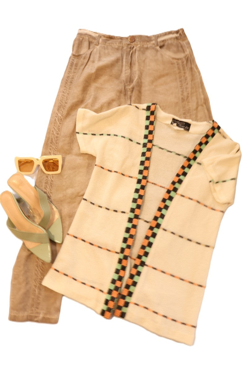 עליונית סריג וינטיג שמנת ומשבצות- M-L