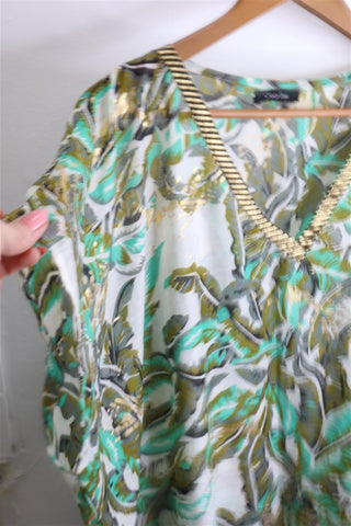 חולצת טוניקה נשפכת טרופית בירוק לבן וזהב - L-XXL