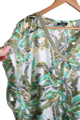 חולצת טוניקה נשפכת טרופית בירוק לבן וזהב - L-XXL