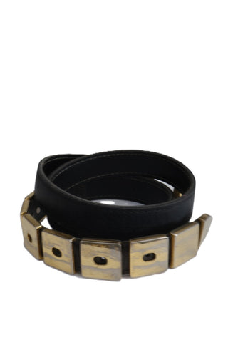 חגורת עור וינטיג בחום שוקולד עם מלבני מוזהבים- S-M