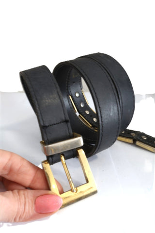 חגורת עור וינטיג בחום שוקולד עם מלבני מוזהבים- S-M