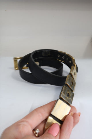 חגורת עור וינטיג בחום שוקולד עם מלבני מוזהבים- S-M