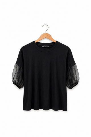 חולצת טי שרוולי רשת ZARA בשחור - S-M