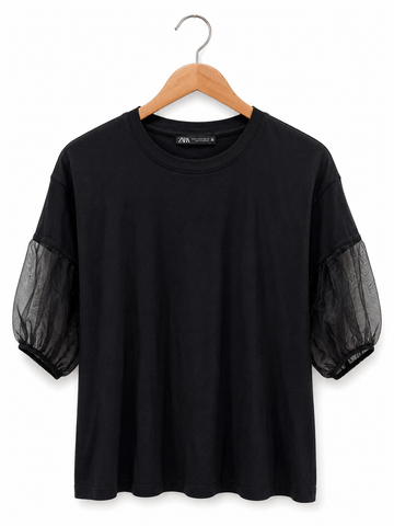 חולצת טי שרוולי רשת ZARA בשחור - S-M