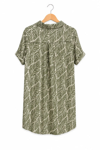 שמלה ישרה סטן בפרינט עלים בירוק שמנת- L-XL