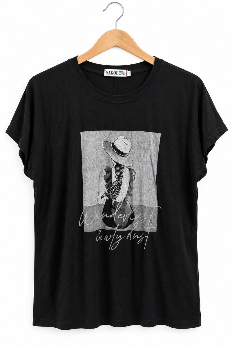 חולצת טי שרט פני אישה עם ניטים בשחור- L-XL