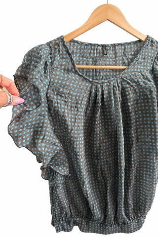 חולצת שיפון מלמלה BENETTON מנוקדת באפור וטורקיז- XS-M